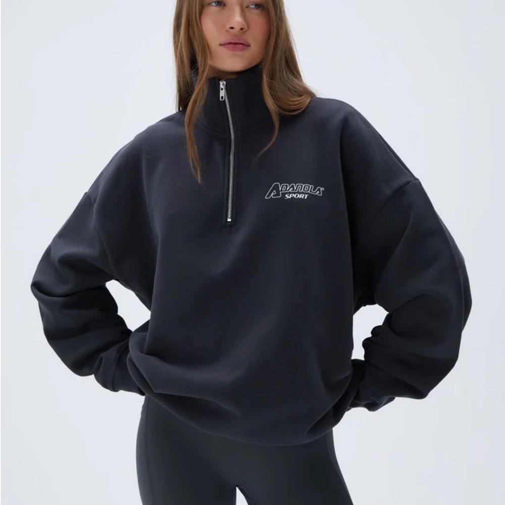 Adanola Dark Grey Half-Zip Sweatshirt - “A” Oversized Funnel Zip